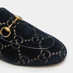 Gucci Blue/Gold GG Velvet Princetown Horsebit Flat Mules Size 34.5