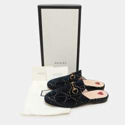 Gucci Blue/Gold GG Velvet Princetown Horsebit Flat Mules Size 34.5