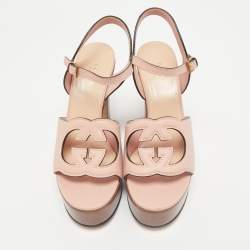 Gucci Pink Leather Interlocking G Platform Ankle Strap Sandals Size 39