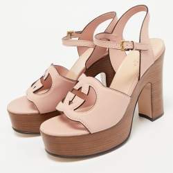 Gucci Pink Leather Interlocking G Platform Ankle Strap Sandals Size 39