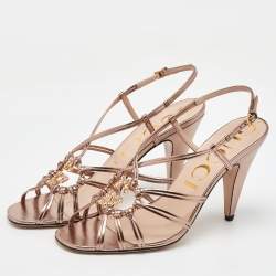 Gucci Metallic Leather GG Crystal Embellishment Strappy Slingback Sandals Size 39.5