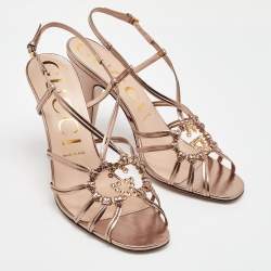 Gucci Metallic Leather GG Crystal Embellishment Strappy Slingback Sandals Size 39.5