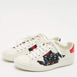 Gucci White Leather and Snakeskin Leather Ace Low Top Sneakers Size 35.5
