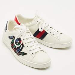 Gucci White Leather and Snakeskin Leather Ace Low Top Sneakers Size 35.5