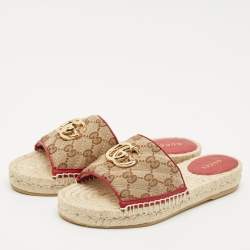 Gucci Beige GG Canvas GG Marmont Espadrille Flat Slides Size 35.5