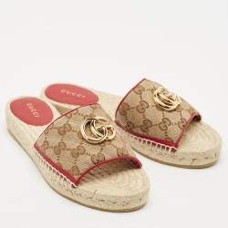 Gucci Beige GG Canvas GG Marmont Espadrille Flat Slides Size 35.5