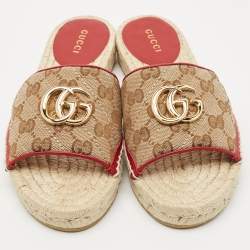 Gucci Beige GG Canvas GG Marmont Espadrille Flat Slides Size 35.5