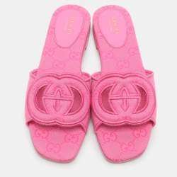 Gucci Pink interlocking G Canvas Flat Slides Size 36