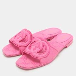 Gucci Pink interlocking G Canvas Flat Slides Size 36