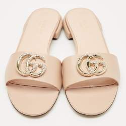 Gucci Light Pink Leather Double G Flat Slides Size 39