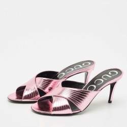 Pre Owned Gucci Metallic Pink Leather Criss Cross Slide Sandals Size 37