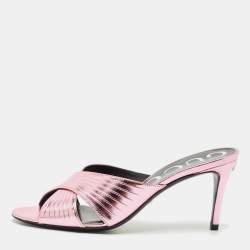 Gucci Metallic Pink Leather Criss Cross Slide Sandals Size 37