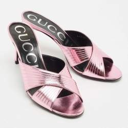 Pre Owned Gucci Metallic Pink Leather Criss Cross Slide Sandals Size 37
