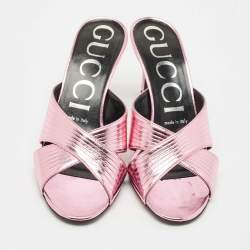 Pre Owned Gucci Metallic Pink Leather Criss Cross Slide Sandals Size 37