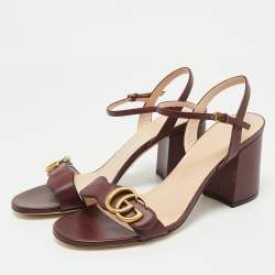 Pre Owned Gucci Burgundy Leather GG Marmont Ankle Strap Sandals Size 38.5