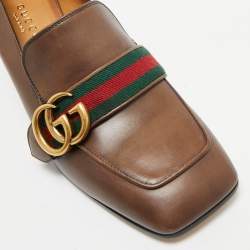 Gucci Brown Leather GG Web Loafer Pumps Size 38