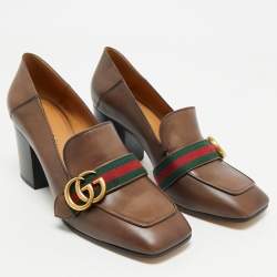 Gucci Brown Leather GG Web Loafer Pumps Size 38