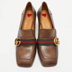 Gucci Brown Leather GG Web Loafer Pumps Size 38