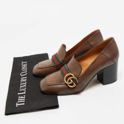 Gucci Brown Leather GG Web Loafer Pumps Size 38