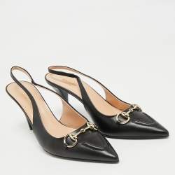 Pre Owned Gucci Black Leather Horsebit Slingback Pumps Size 39