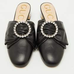 Gucci Black Leather Candy Bow Crystal Embellished Mules Size 36.5