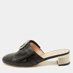 Gucci Black Leather Candy Bow Crystal Embellished Mules Size 36.5