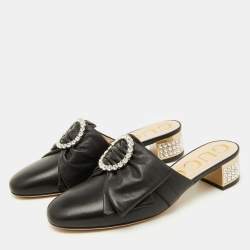 Gucci Black Leather Candy Bow Crystal Embellished Mules Size 36.5