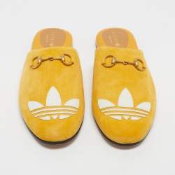 Pre Owned Gucci x Adidas Yellow Suede Trefoil Slippers Size 42