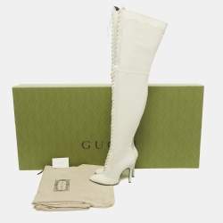 Pre Owned Gucci Off White Snakeskin Embossed and Leather Thigh High Boots Size 40