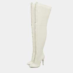 Pre Owned Gucci Off White Snakeskin Embossed and Leather Thigh High Boots Size 40