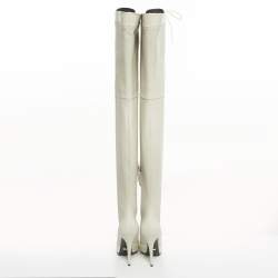 Pre Owned Gucci Off White Snakeskin Embossed and Leather Thigh High Boots Size 40