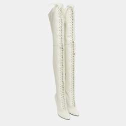 Pre Owned Gucci Off White Snakeskin Embossed and Leather Thigh High Boots Size 40