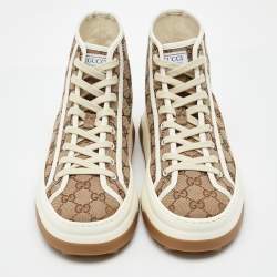 Pre Owned Gucci Beige/Brown GG Canvas Tennis 1977 High Top Sneakers Size 41.5