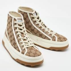Pre Owned Gucci Beige/Brown GG Canvas Tennis 1977 High Top Sneakers Size 41.5