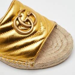 Pre Owned Gucci Metallic Gold Leather GG Marmont Pilar Espadrille Flat Slide Sandals Size 35