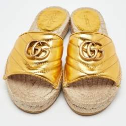 Pre Owned Gucci Metallic Gold Leather GG Marmont Pilar Espadrille Flat Slide Sandals Size 35