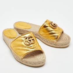Pre Owned Gucci Metallic Gold Leather GG Marmont Pilar Espadrille Flat Slide Sandals Size 35
