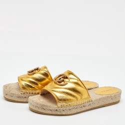 Pre Owned Gucci Metallic Gold Leather GG Marmont Pilar Espadrille Flat Slide Sandals Size 35