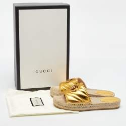 Pre Owned Gucci Metallic Gold Leather GG Marmont Pilar Espadrille Flat Slide Sandals Size 35