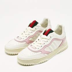 Pre Owned Gucci White/Pink Leather GG Lace Up Sneakers Size 39