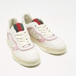 Pre Owned Gucci White/Pink Leather GG Lace Up Sneakers Size 39