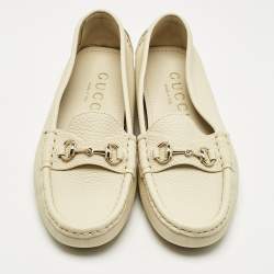 Pre Owned Gucci Ivory Leather Horsebit Driver Loafers Size 36.5
