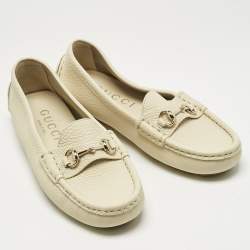 Pre Owned Gucci Ivory Leather Horsebit Driver Loafers Size 36.5