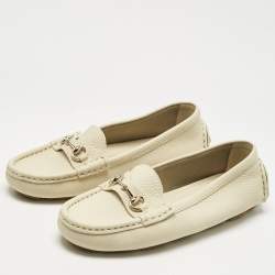 Pre Owned Gucci Ivory Leather Horsebit Driver Loafers Size 36.5