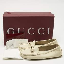 Pre Owned Gucci Ivory Leather Horsebit Driver Loafers Size 36.5