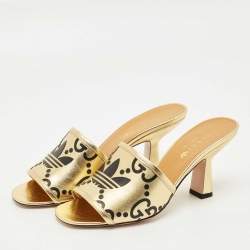 Pre Owned Gucci x Adidas Gold Leather Nappa Silk Slide Sandal Size 36