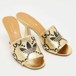 Pre Owned Gucci x Adidas Gold Leather Nappa Silk Slide Sandal Size 36