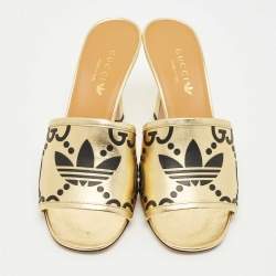 Pre Owned Gucci x Adidas Gold Leather Nappa Silk Slide Sandal Size 36