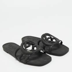 Pre Owned Gucci Black Rubber Interlocking G Flat Slides Size 35