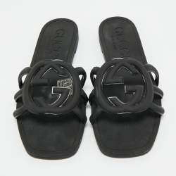 Pre Owned Gucci Black Rubber Interlocking G Flat Slides Size 35
